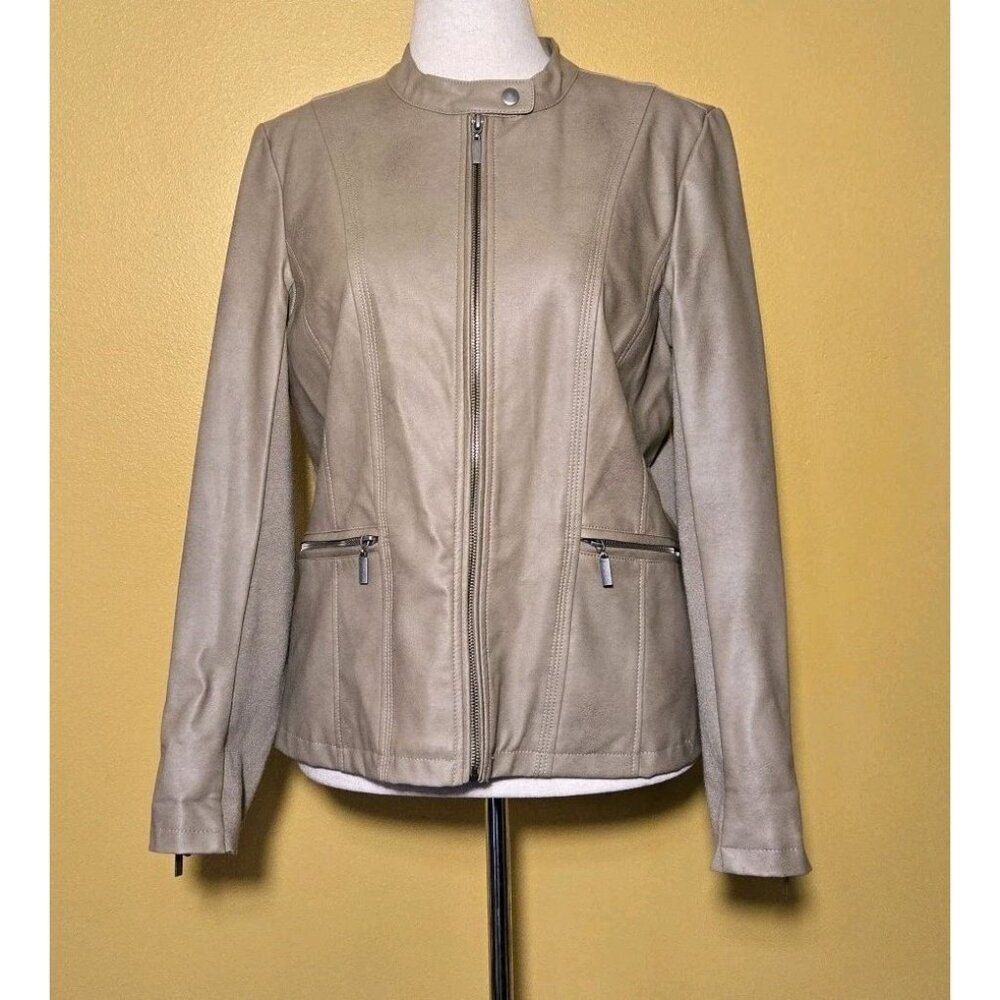 Mo-Ka Beige Long Sleeve Zip Front Faux Leather Lined Moto Jacket Large ME096A62S
